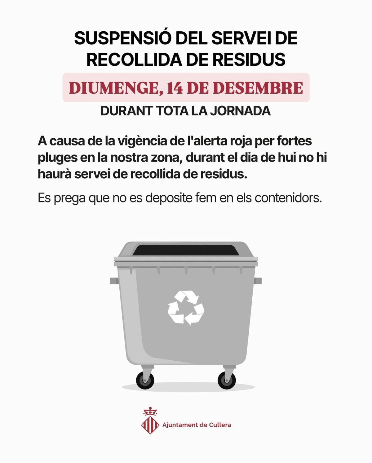 Anuncio del Ayuntamiento de Cullera en el que comunica que no habrá recogida de basura este domingo.