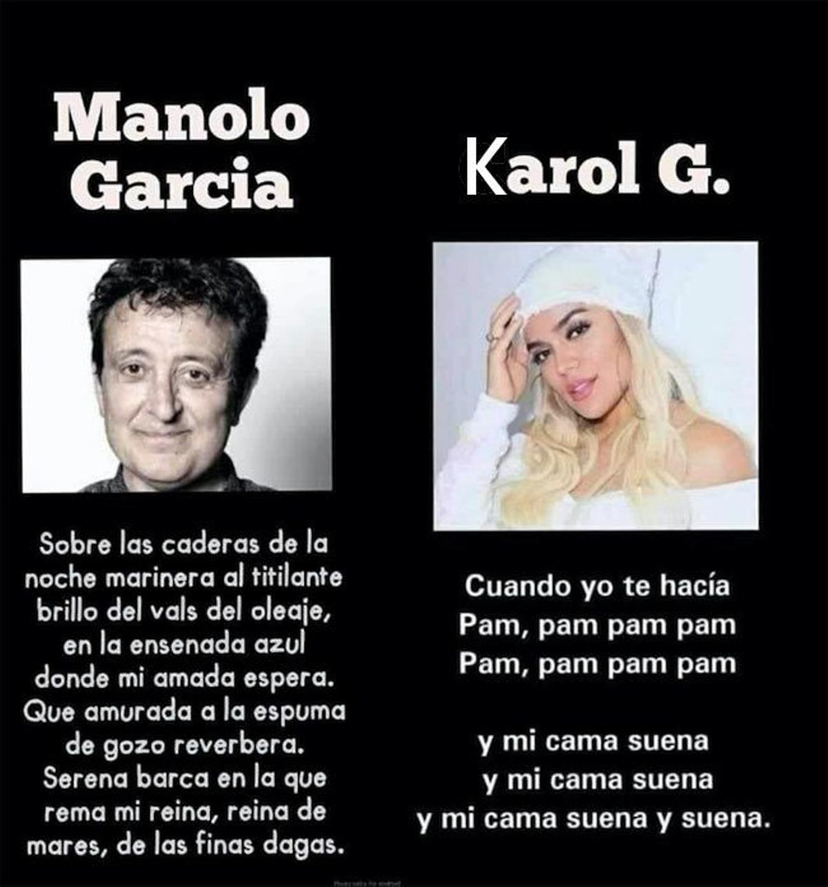 Meme de las letras musicales de Manolo García y Karol G