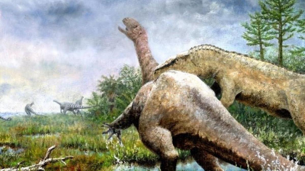 Reconstrucción de cómo pudo haber ocurrido la muerte de Tuebingosaurus maierfritzorum al hundirse en un pantano.