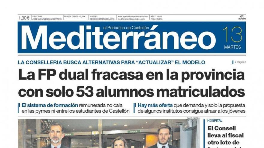 La FP dual fracasa en la provincia con solo 53 alumnos matriculados, en la portada de Mediterráneo