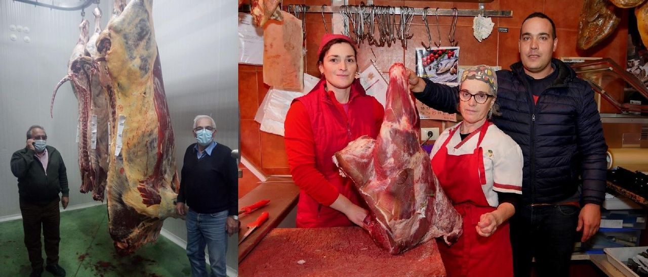 A la izquierda, el buey sacrificado y dos de los comuneros, hace unos días. A la derecha, las primeras cachenas vendidas en La Bellota, en diciembre de 2019.