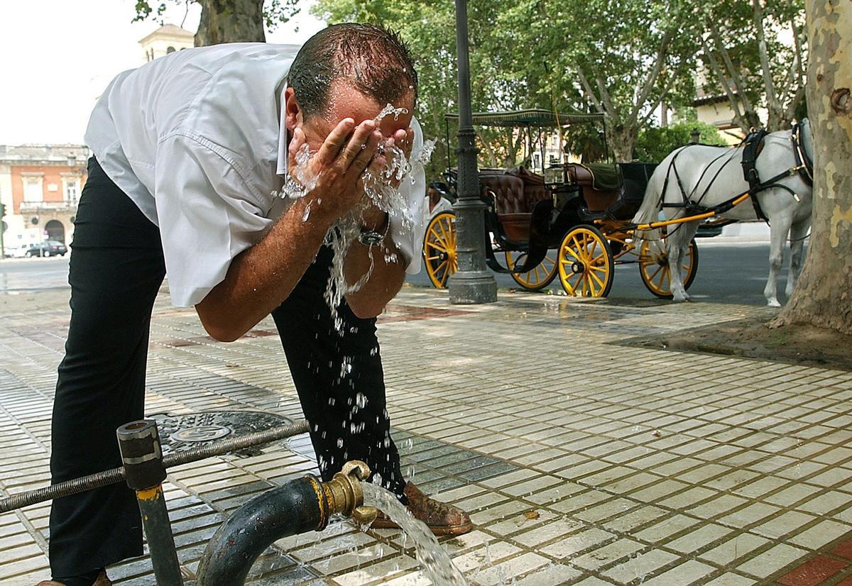 El conductor de un coche de caballos se refresca en una plaza de Sevilla, donde una ola de calor mantiene la temperatura por encima de los 40 grados