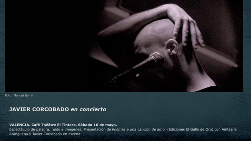 Pantallazo de la web de Javier Corcobado, en la que ya se anuncia el concierto de Málaga.