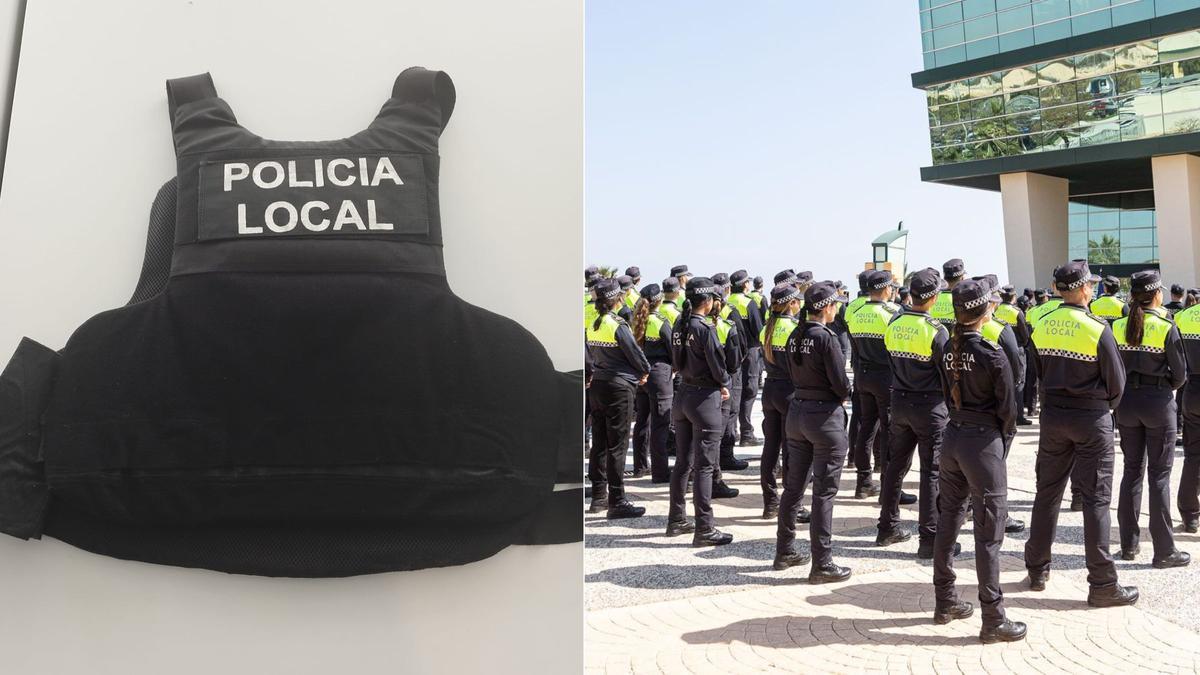 Uno de los chalecos de la Policía Local de Alicante cuyo garantía expiró hace dos años junto a un momento de la &quot;graduación&quot; de los nuevos policías.