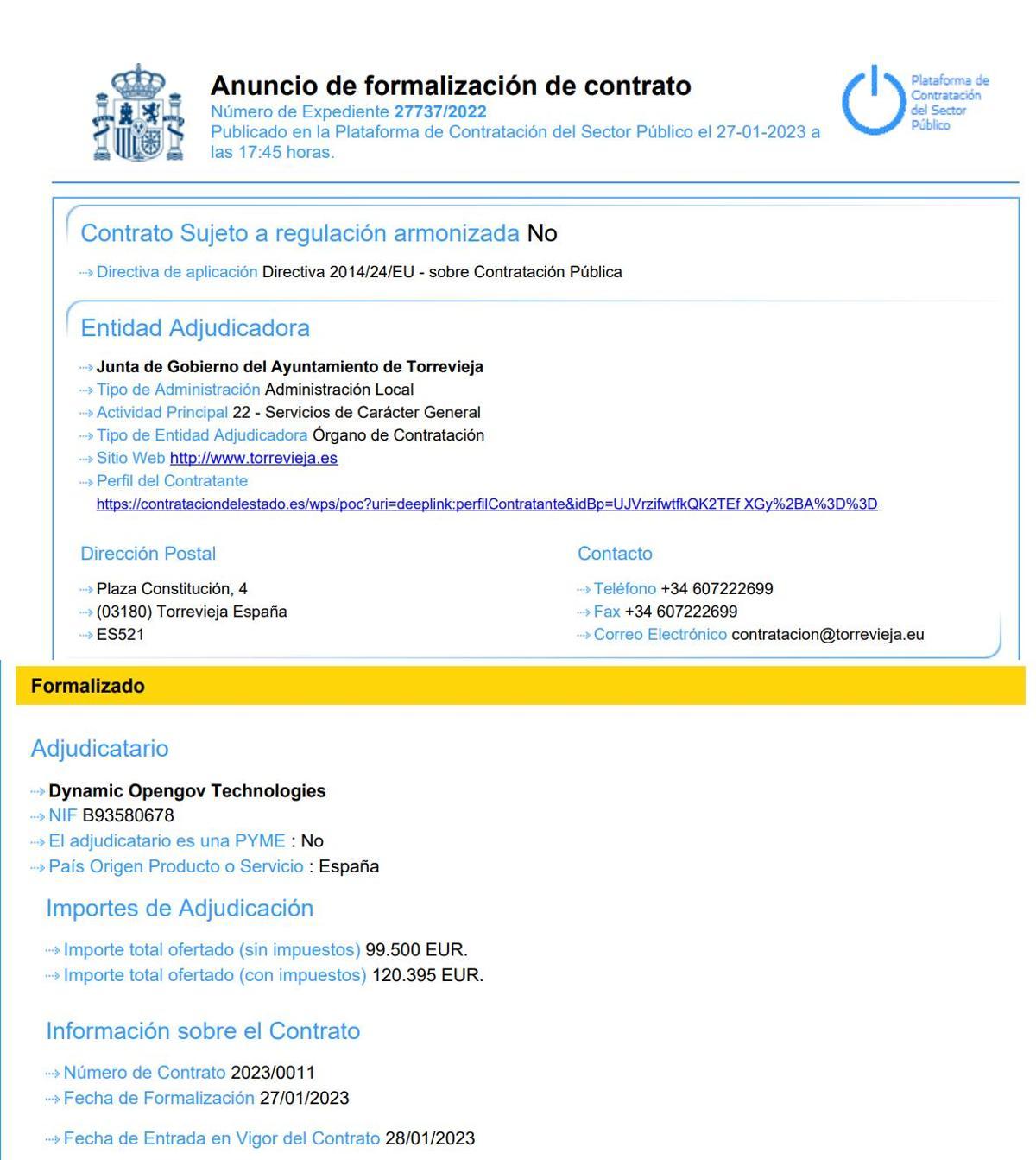 Documento de difusión de la formalización del contrato en la Plataforma de Contratación del Sector Público