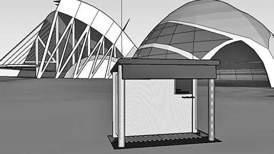 Arriba, un grupo de personas esperando el autobús en una marquesina en pleno invierno. Bajo estas líneas, la propuesta de dos alumnos de la Escuela Politécnica, que incluye energías renovables.