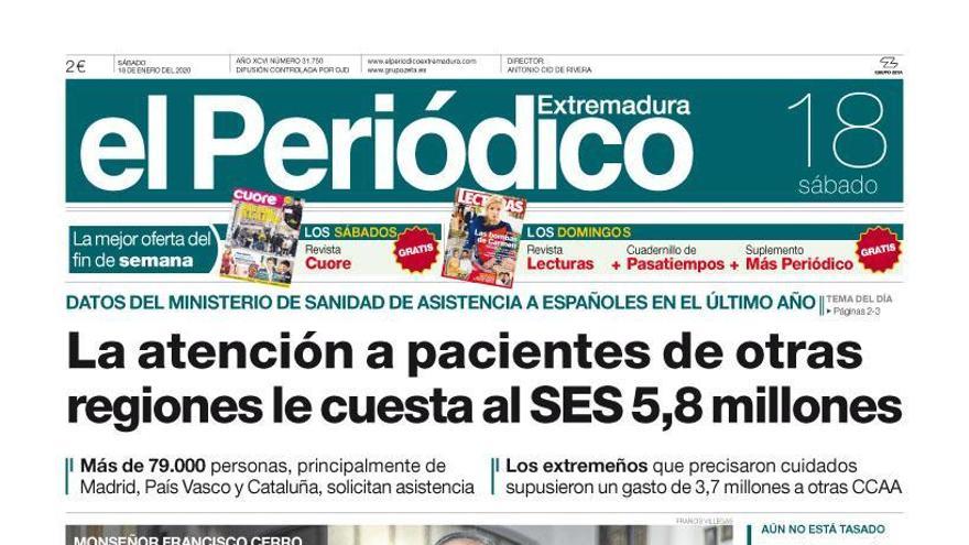 Esta es la portada de EL PERIÓDICO EXTREMADURA correspondiente al día 18 de enero del 2020