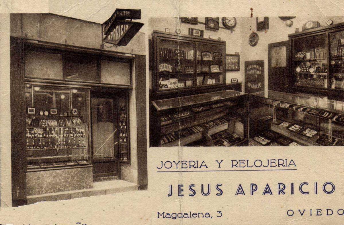 Anuncio del primer local en Oviedo de la relojería joyería Aparicio, en la calle Magdalena