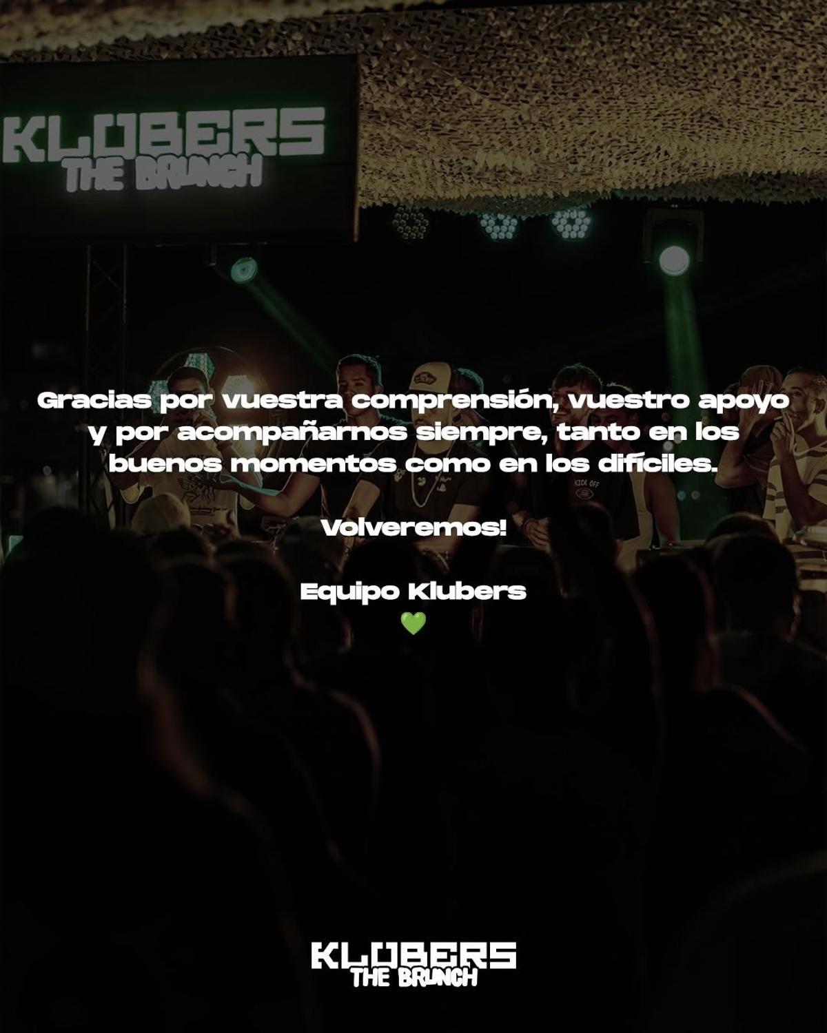 Mensaje de la promotora Klubers en sus redes