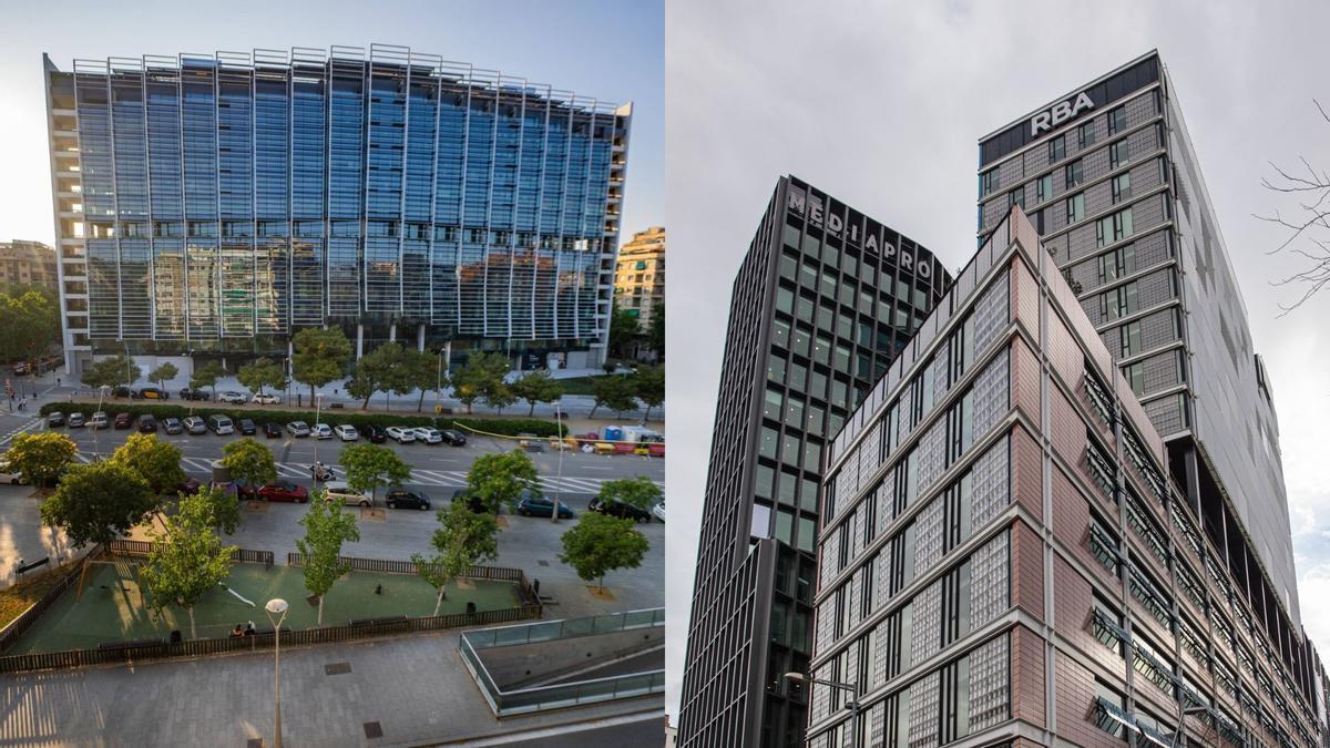 El edifici Estel situado en la avenida Roma (Eixample) y la Torre RBA en la avenida Diagonal (Poblenou)