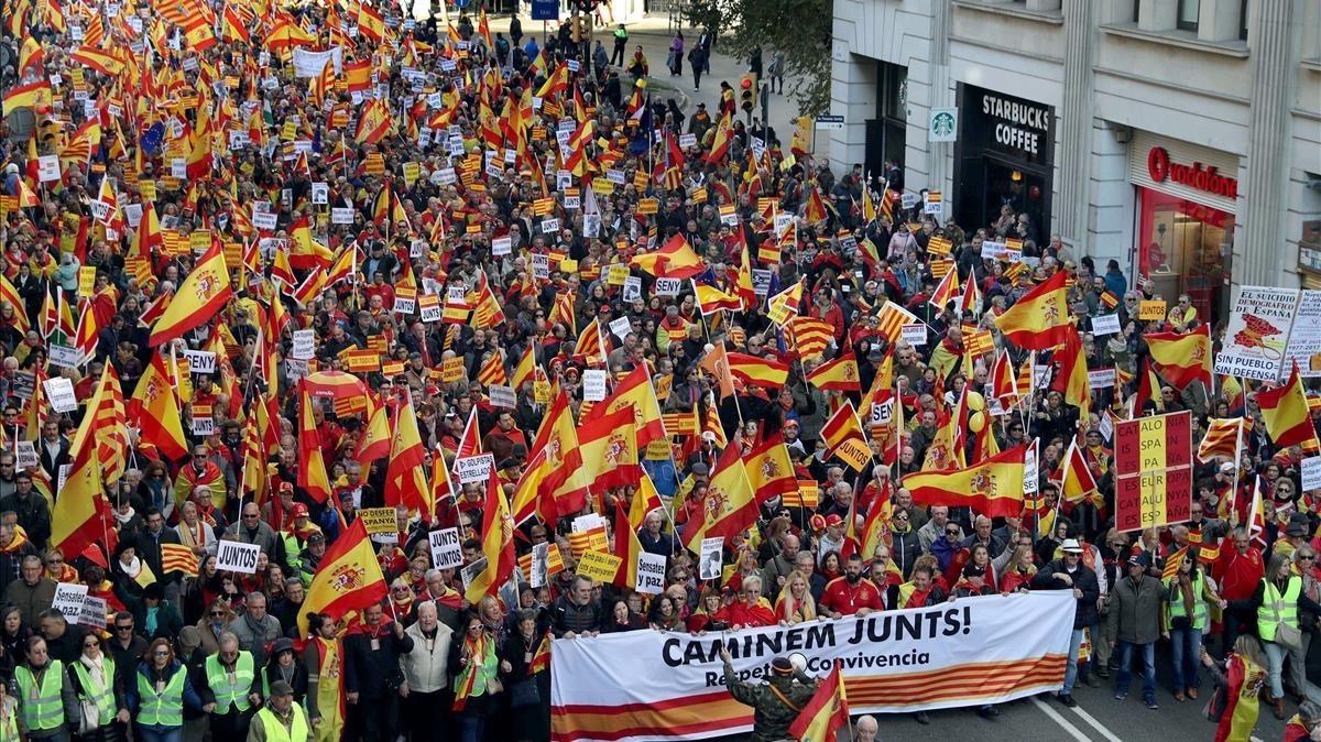 Manifestación en defensa de la Constitución este miércoles en Barcelona.