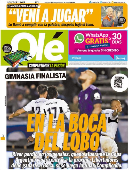 Portada OLÉ jueves 29 noviembre 2018