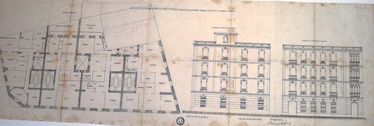Plano de la casa de Ausó y Monzó en Explanada, Canalejas, Lanuza y San Fernando. Fuente: 1883. Archivo Municipal de Alicante.