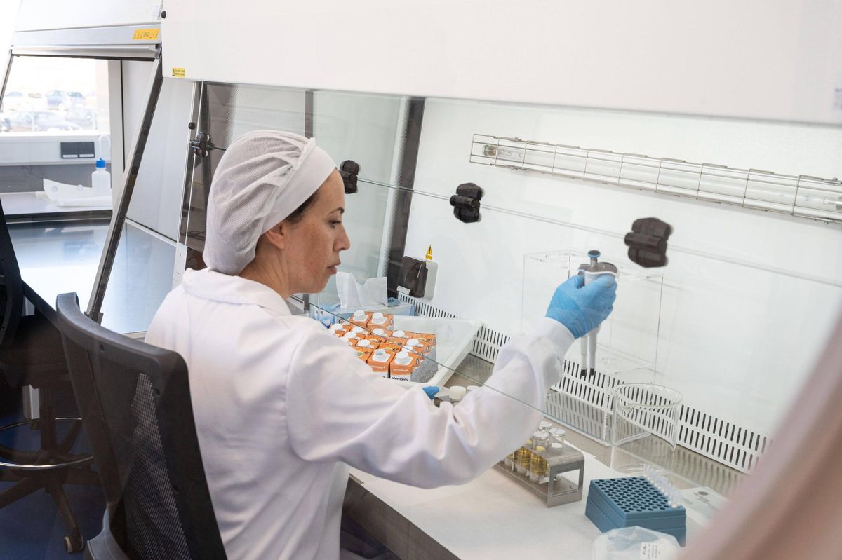 Una trabajadora de Nutrisens realiza análisis en el laboratorio a distintos productos elaborados en la fábrica de Badajoz.