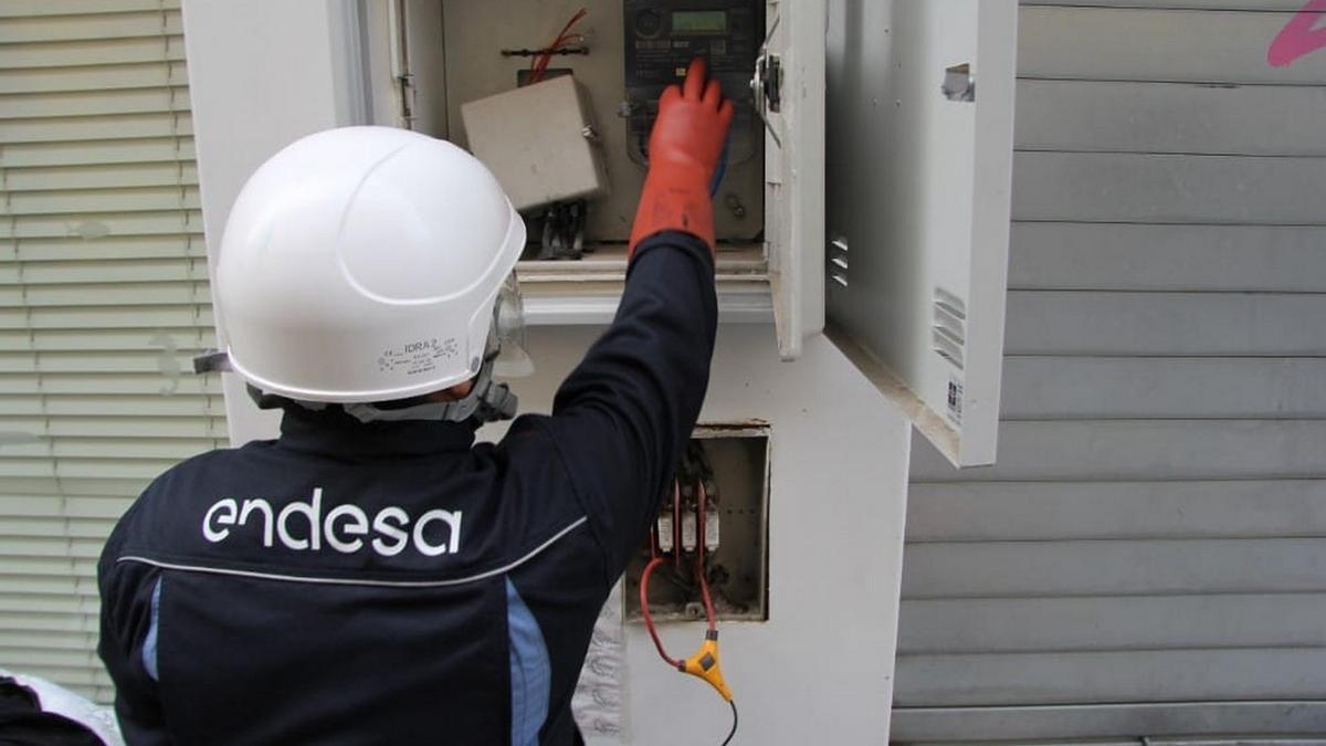 Un operario de Endesa revisa un contador de luz eléctrica.