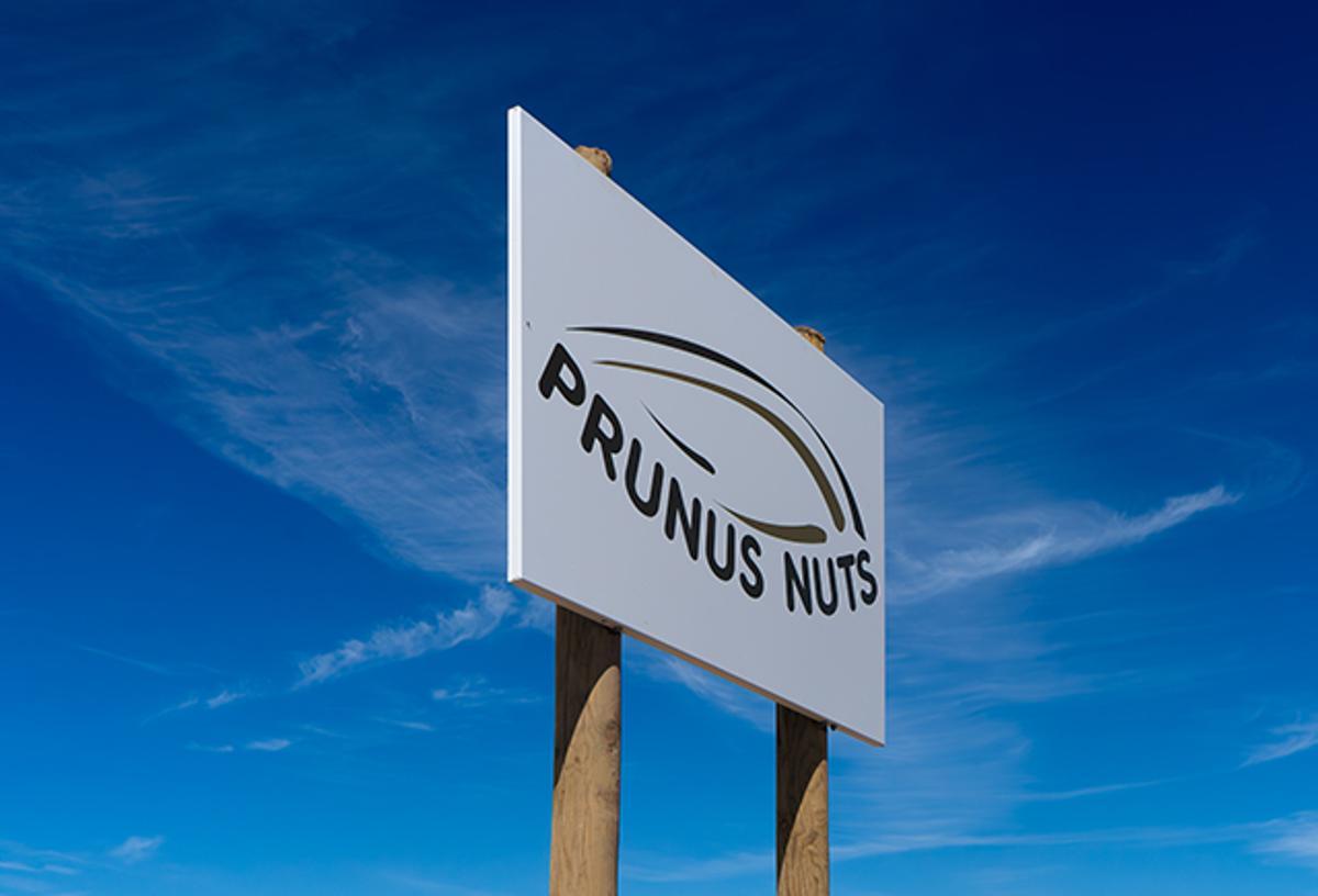Cartel de Prunus Nuts, empresa dependiente de Cibus Capital, fondo británico con cientos de hectáreas en Aragón.