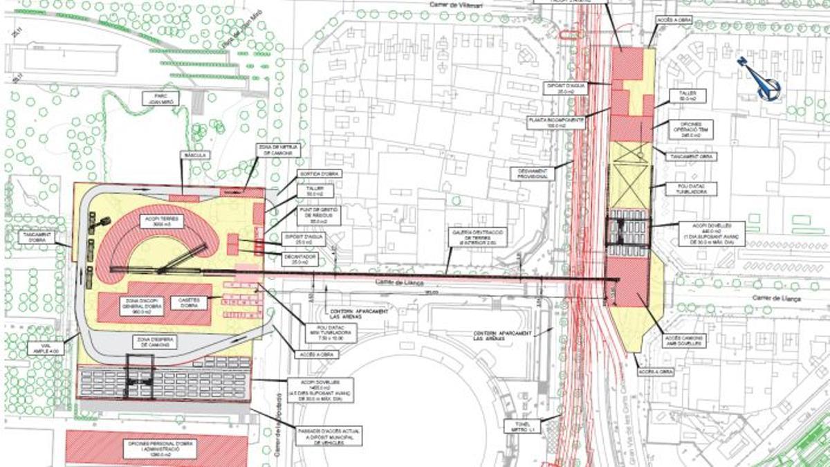 A la izquierda, la base operativa que se instalarà en el parque de Joan Miró, comunicada con los obras por la galería de extracción por la que se trasladará la arena que se excave en los trabajos.