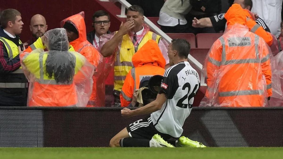 Fulham’s Joao Palhinha celebrates after scoring his side’s second goal during the English Premier League soccer match between Arsenal and Fulham at Emirates stadium in London, Saturday, Aug. 26, 2023. (AP Photo/Frank Augstein)