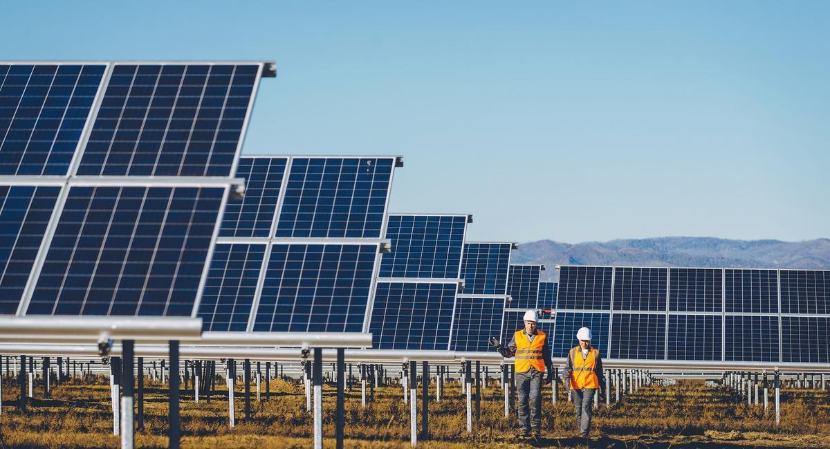 Técnicos trabajan en la instalación de placas solares.