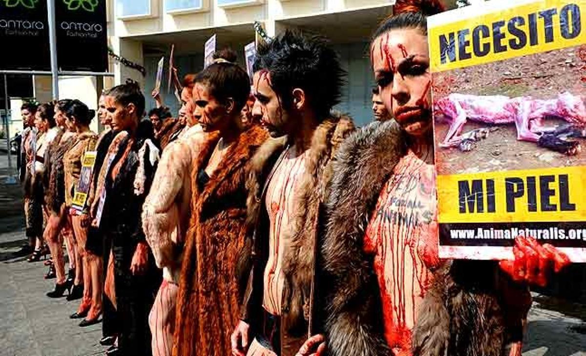 Membres de l’organització Animal Naturalis es manifesten davant d’una exclusiva botiga a Ciutat de Mèxic (Mèxic) per protestar per la matança d’animals, les pells dels quals són usades per a l’elaboració i la venda de roba de pell. Membres de l’organització Animal Naturalis es manifesten davant d’una exclusiva botiga a Ciutat de Mèxic (Mèxic) per protestar per la matança d’animals, les pells dels quals són usades per a l’elaboració i la venda de roba de pell.