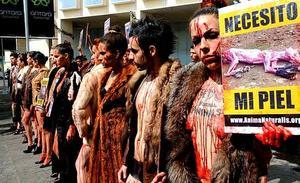 Membres de l’organització Animal Naturalis es manifesten davant d’una exclusiva botiga a Ciutat de Mèxic (Mèxic) per protestar per la matança d’animals, les pells dels quals són usades per a l’elaboració i la venda de roba de pell.