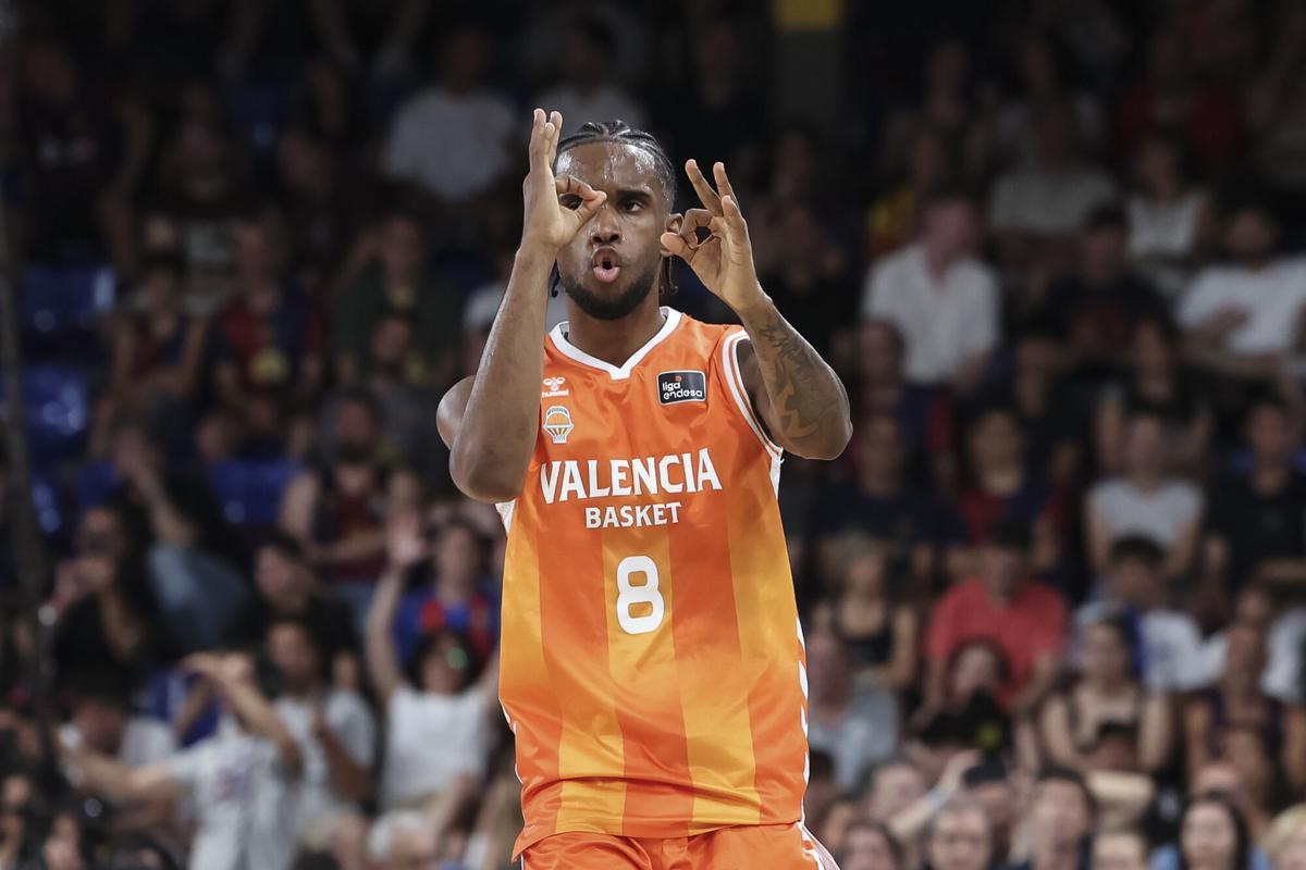 Jean Montero of Valencia Basket celebrates a basket during the Spanish League, Liga ACB Endesa, basketball Final Game 3 match played between FC Barcelona and Valencia Basket at Palau Blaugrana on June 22, 2026 in Barcelona, Spain