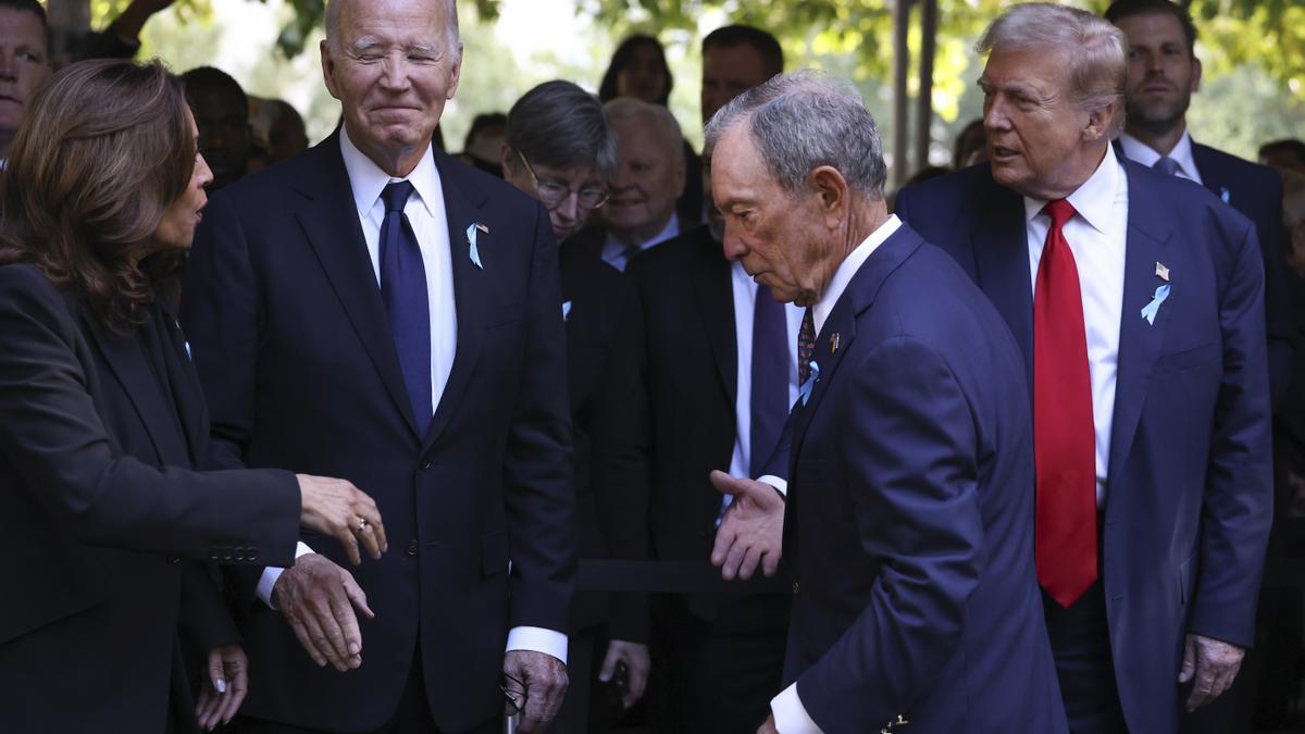 Kamala Harris, Joe Biden, Michael Bloomberg y Donald Trump (de izquierda a derecha), en el homenaje a las víctimas del 11-S, el pasado jueves.