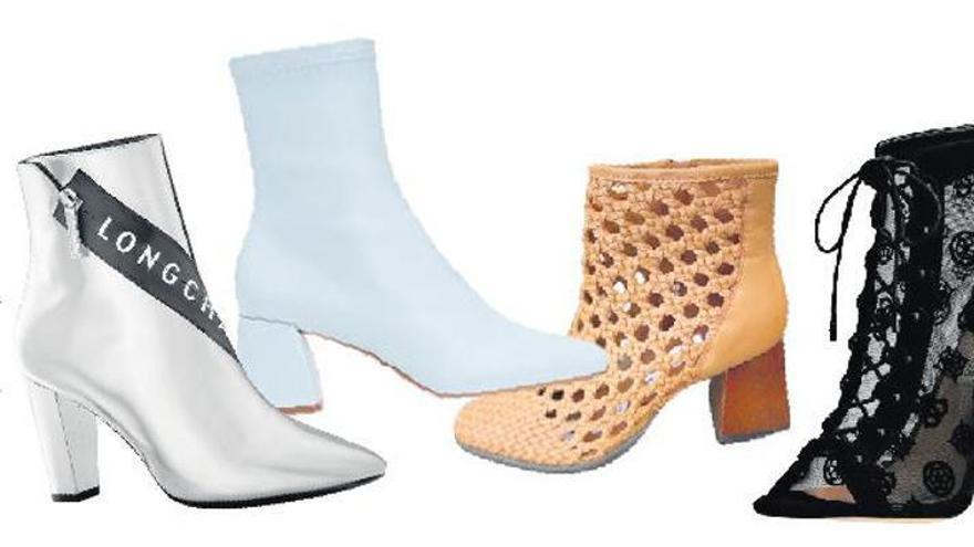 Los botines que no te puedes perder: De izquierda a derecha: botines plateados de Longchamp, botín azul pastel de Stradivarius, botines caramelo de Atelier Maritim y botín de encaje de Guess.
