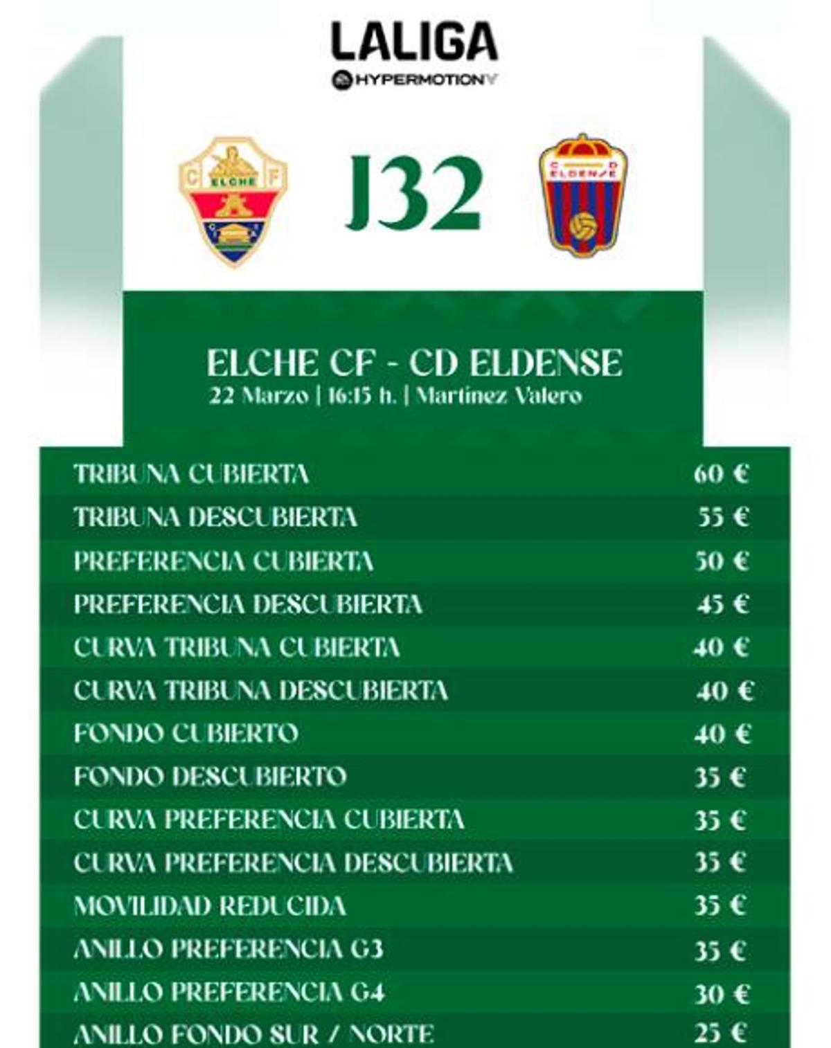 Los precios establecidos por el Elche para el Derbi del Vinalopó.