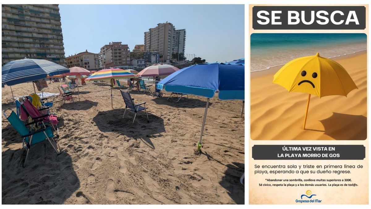 Imagen de la original cartelería que han diseñado para acabar con el pillaje de dejar solas las sombrillas para reservar sitio en las playas de Orpesa.