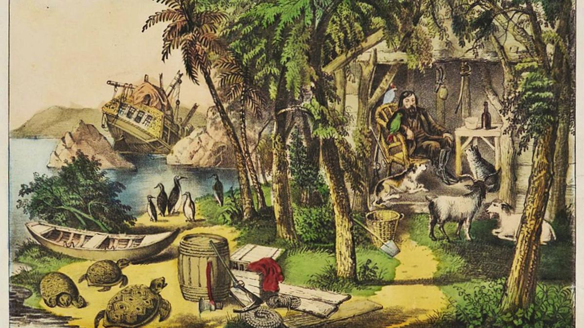 Einer der bekanntesten Insel-Protagonisten der Literaturgeschichte: Robinson Crusoe (Illustration von 1874). | FOTO: WIKI COMMONS / PUBLIC DOMAIN