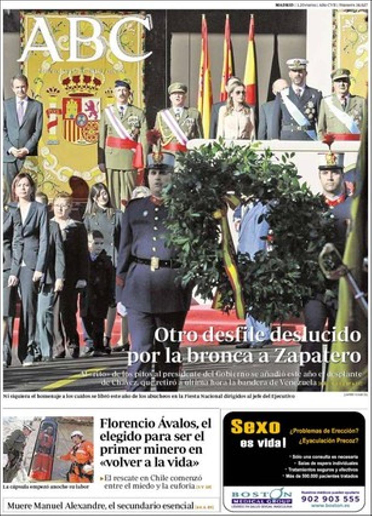 ’Abc’ destaca a dins que l’OTAN desenterrarà el projecte d’escuts antimíssils per protegir Europa davant l’amenaça iraniana i d’una trentena de països més; tindrà una concepció tècnica diferent de la que va idear George W. Bush i Barack Obama va anul·lar fa un any. També realça que la banca capta de les famílies cinc vegades més diners dels que els presta, que el IESE defensa allargar la jubilació fins als 70 anys i que el Papa crea el consell pontifici de la Nova Evangelització per recuperar per a la fe cristiana vaticana la societat secularitzada.