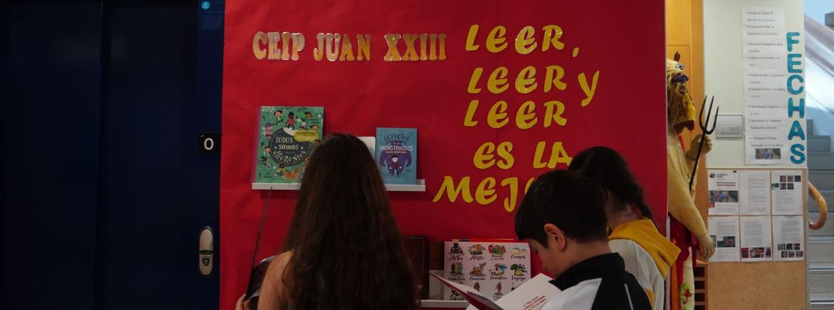 Un grupo de alumnos busca libros en la biblioteca habilitada dentro del proyecto de fomento a la lectura del colegio Juan XXIII. | Jose Luis Fernández