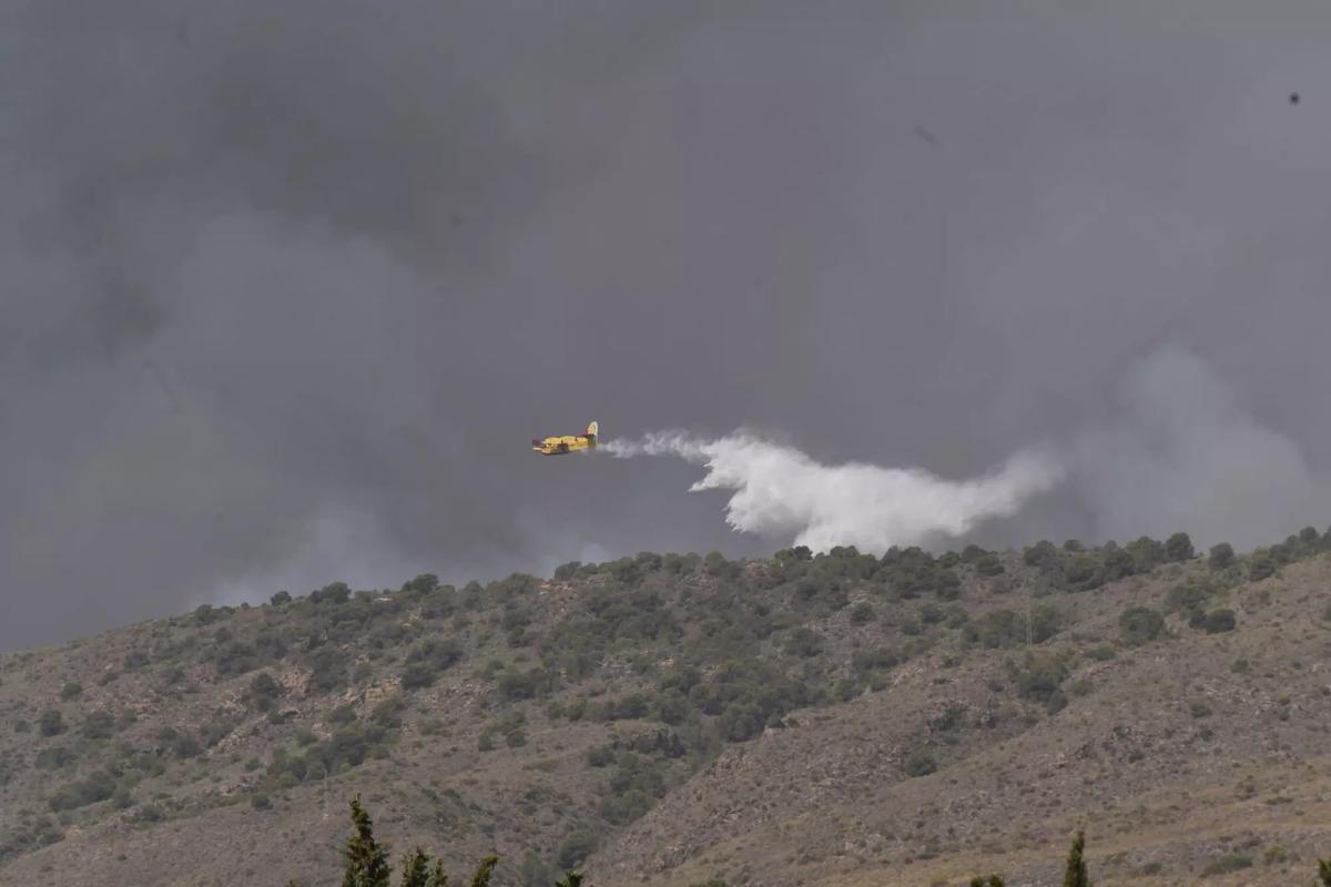 Un hidroavió treballa en les labors d'extinció de l'incendi forestal.