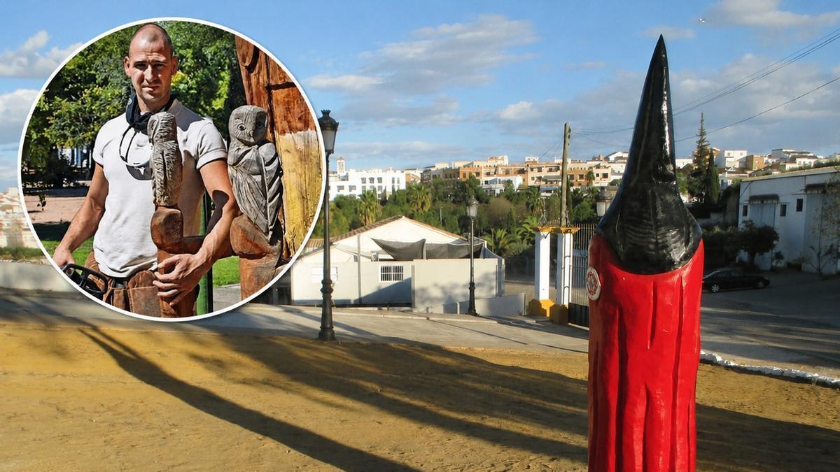 El 'Nazareno' de madera, obra de Beni Hidalgo, con una imagen de fondo de Fernán Núñez.