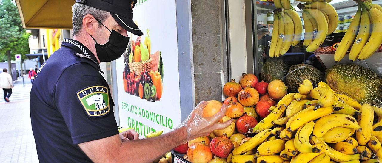 Un agente de la UEAC de la Policía Local inspecciona una frutería, este viernes, para comprobar que la mercancía no es robada. |