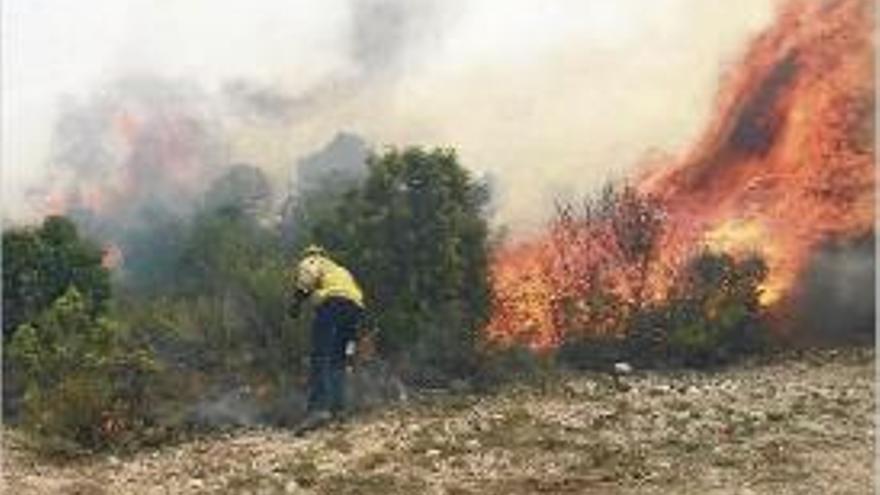 Un bomber intentant extingir l&#039;incendi de Vallbona d&#039;Anoia.