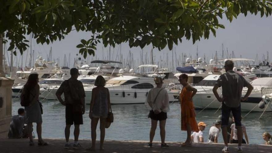 Un grupo de personas se refugia a la sombra del fuerte calor de agosto, en el Puerto de Alicante.