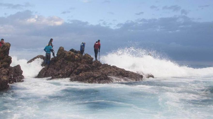 Varios perceberos esperan atentos la llegada de una ola en una roca del entorno de Peñas.