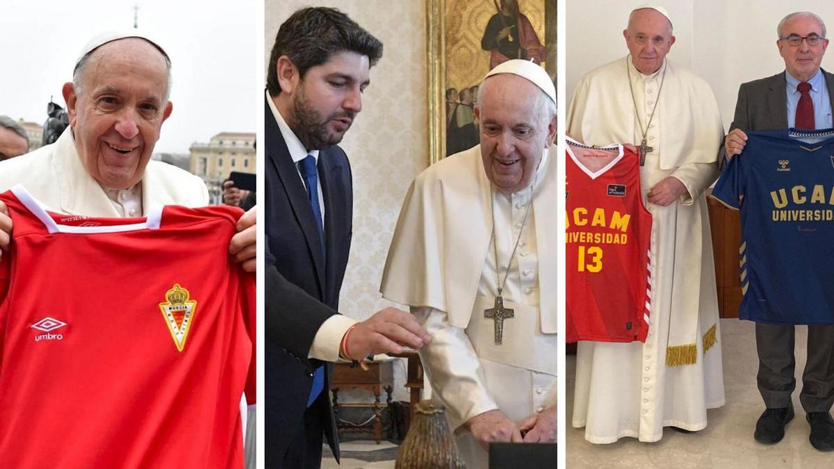 El papa Francisco, con camisetas de equipos de la Región de Murcia y López Miras.