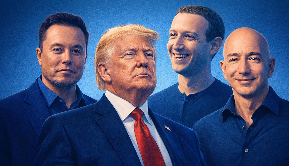 Il·lusració que mostra Donald Trump amb alguns dels principals magnats tecnològics