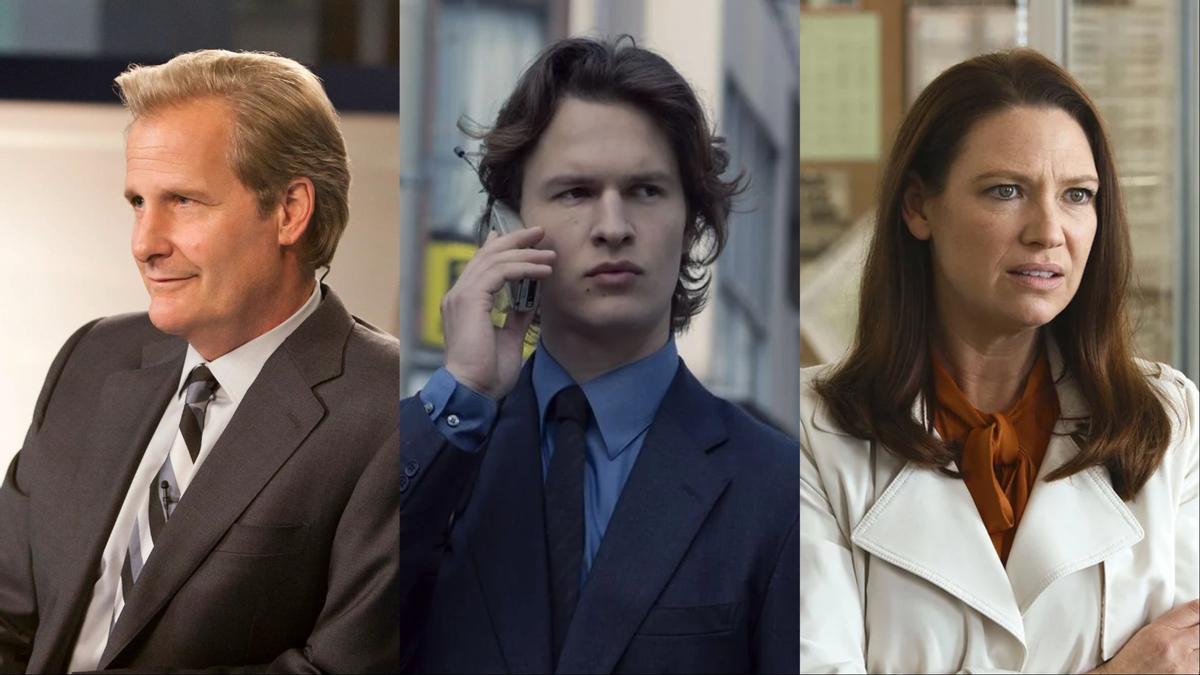 De izquierda a derecha, Jeff Daniels en 'The newsroom', Ansel Elgort en 'Tokyo vice' y Anna Torv en 'The newsreader'.