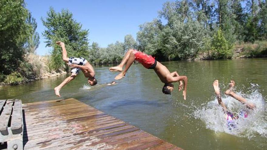 Varios jóvenes se bañan en el río Duero.