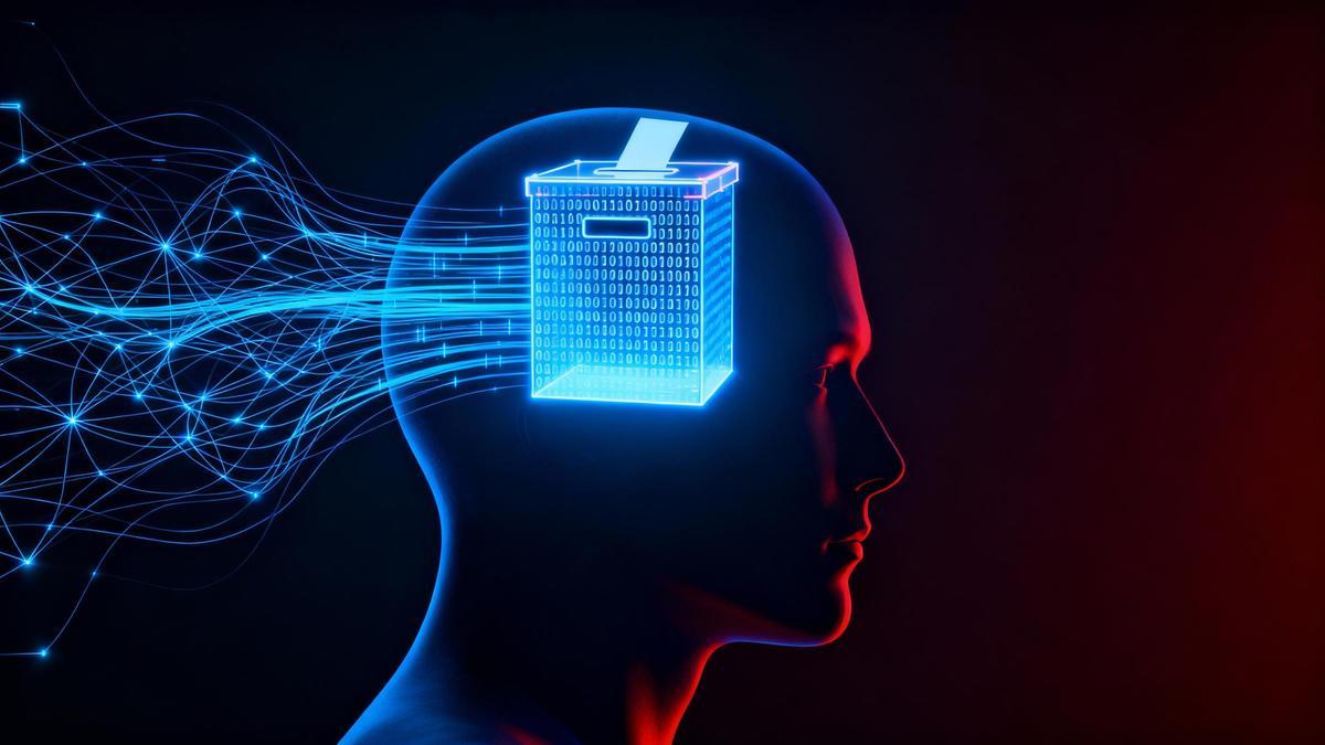 Silueta de una cabeza humana con una urna de voto digital en su interior, conectada mediante redes neuronales.