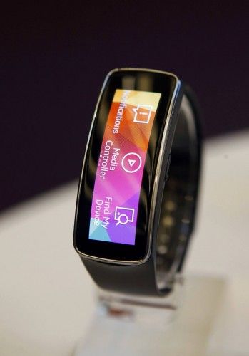 New Samsung Gear Fit fitness band is seen on a display at the Mobile World Congress in Barcelona