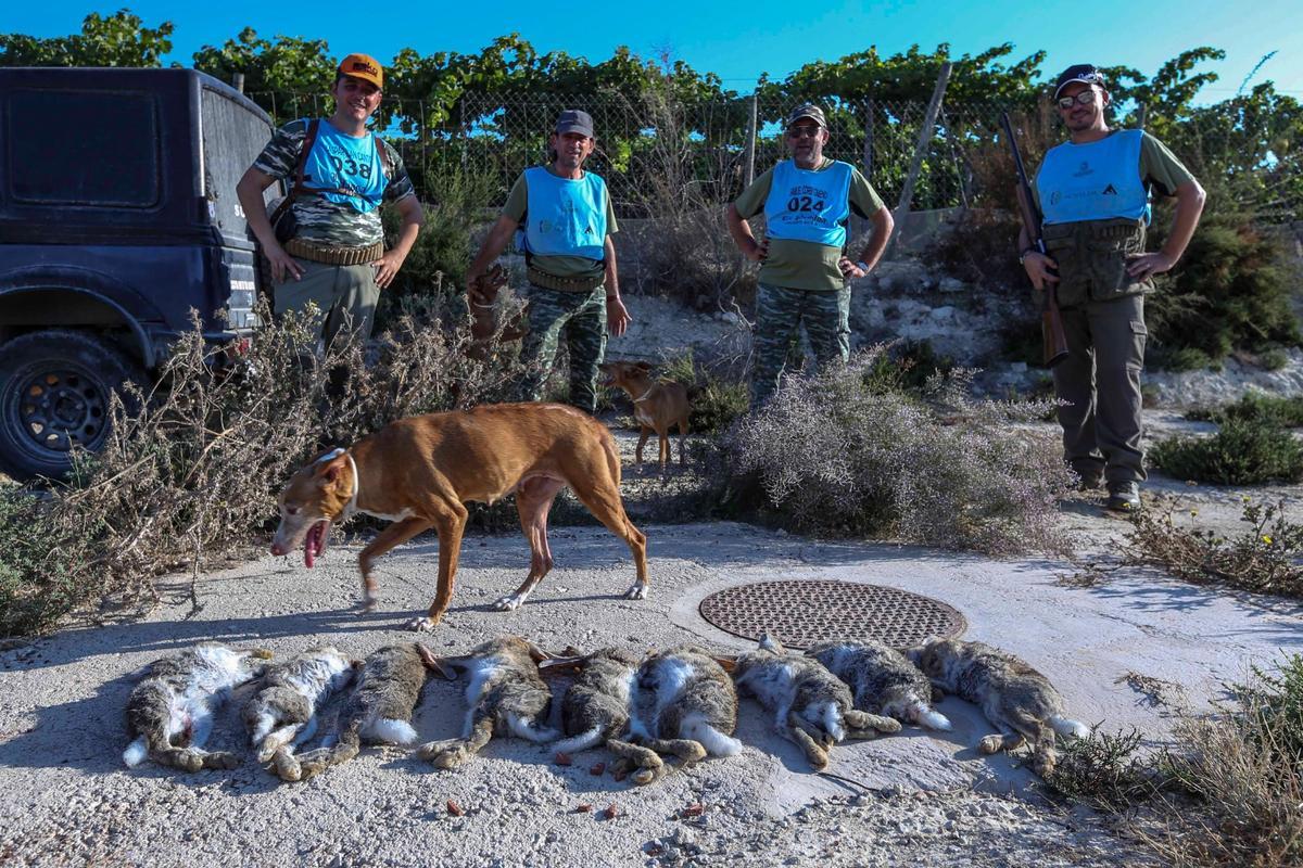 Un grupo de cazadores de Monforte del Cid con los conejos abatidos junto a las viñas de uva de mesa.