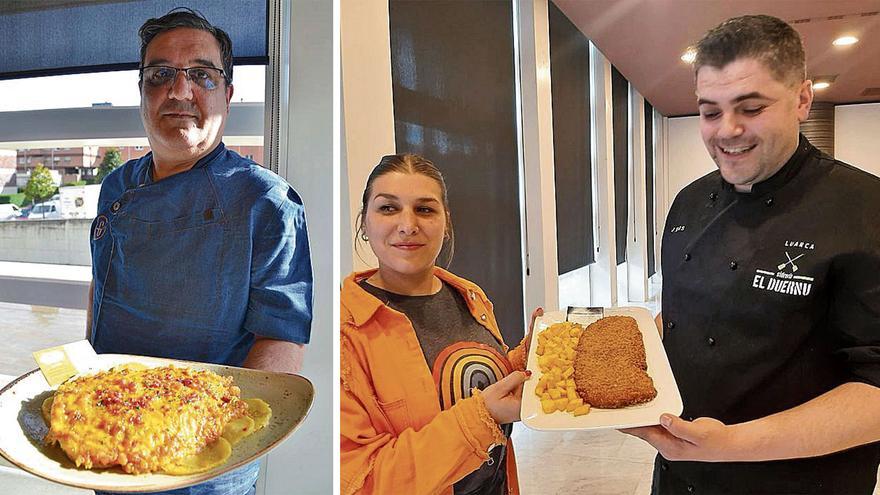 A la izquierda, Pedro Miñor, de La Comtienda, de Oviedo, premio al Mejor Cachopo del Mundo de Pescado. A la derecha, Sheila Fernández y José Ríos, de El Duernu (Luarca), campeones en la categoría del Mejor Cachopo de Asturias en el concurso organizado por «La Guía del Cachopo».