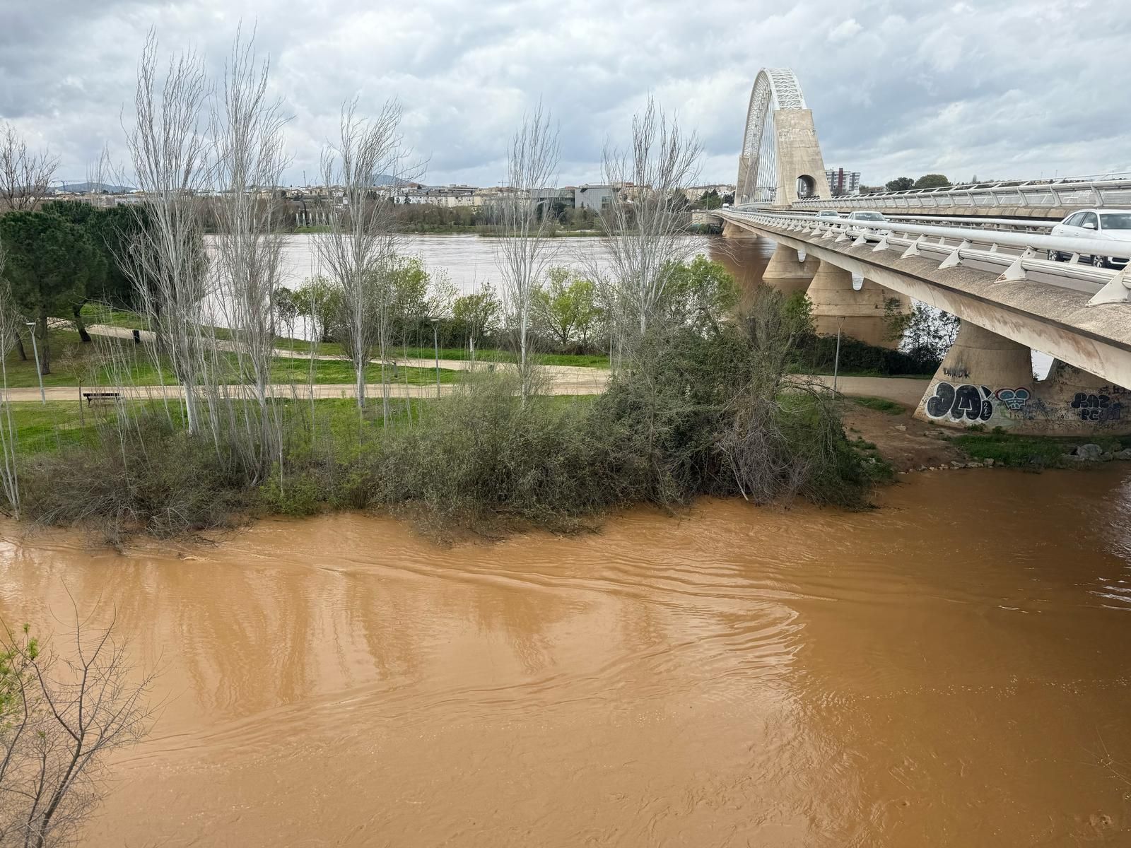 Así de crecido pasa el caudal del río Guadiana por Mérida