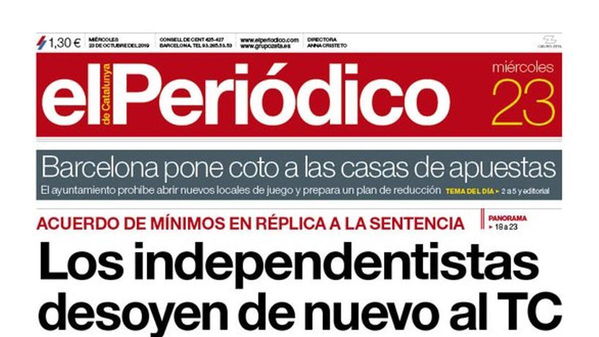 La portada de EL PERIÓDICO del 23 de octubre del 2019