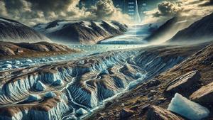 Recreación artística de la abruptan elevación del suelo en Groenlandia por efecto de un antiguo volcán subterráneo.